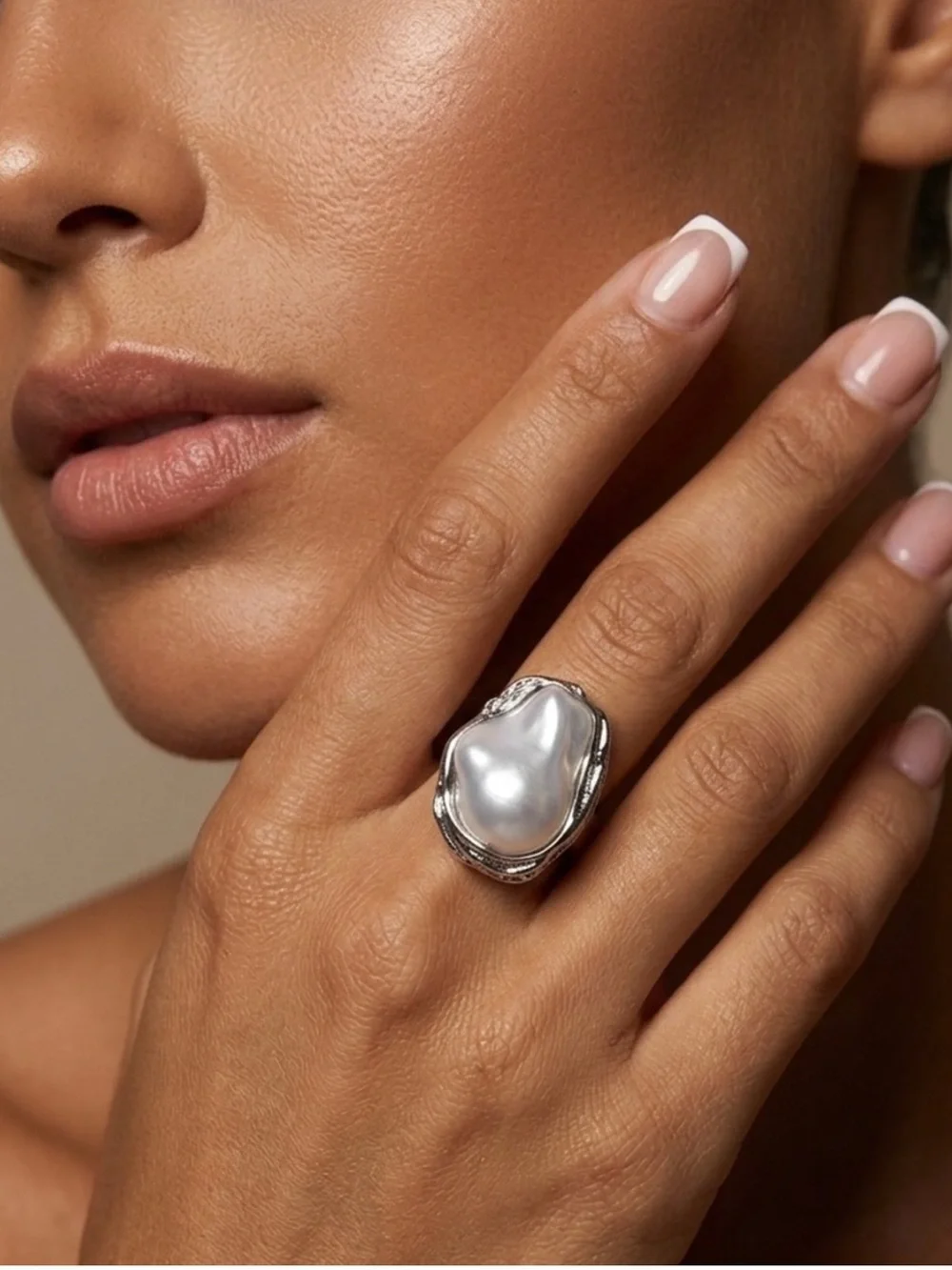 Elegant Silver Pearl Statement Ring Adjustable